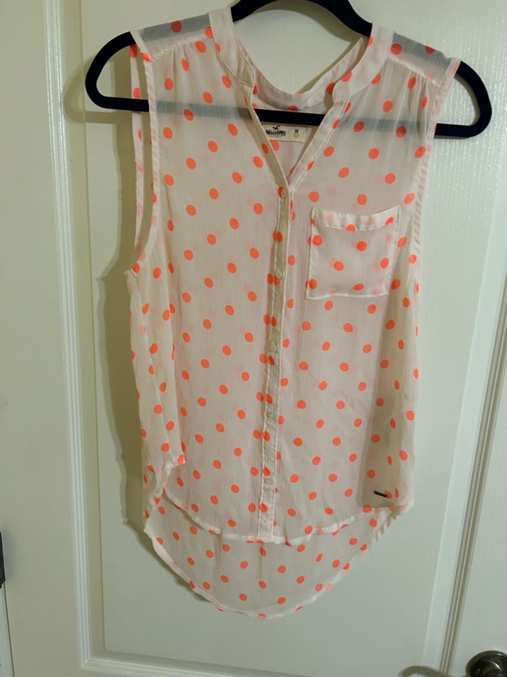 Hollister White Sheer Sleeveless Blouse with Coral Polka Dots